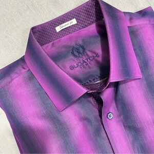 Bugatchi Uomo Shaped Fit sz XL purple/black vert. stripe shirt, cotton, party